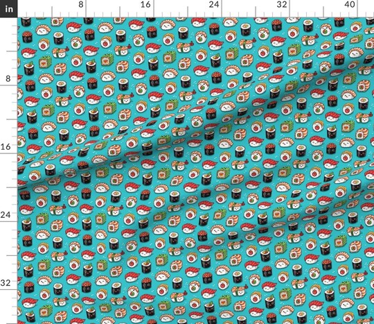 Kawaii Cute Sushi Food Print Japanese Aqua Blue Fish Cartoon Custom Printed Fabric by Spoonflower Various Fabrics by the Yard or Fat Quarter